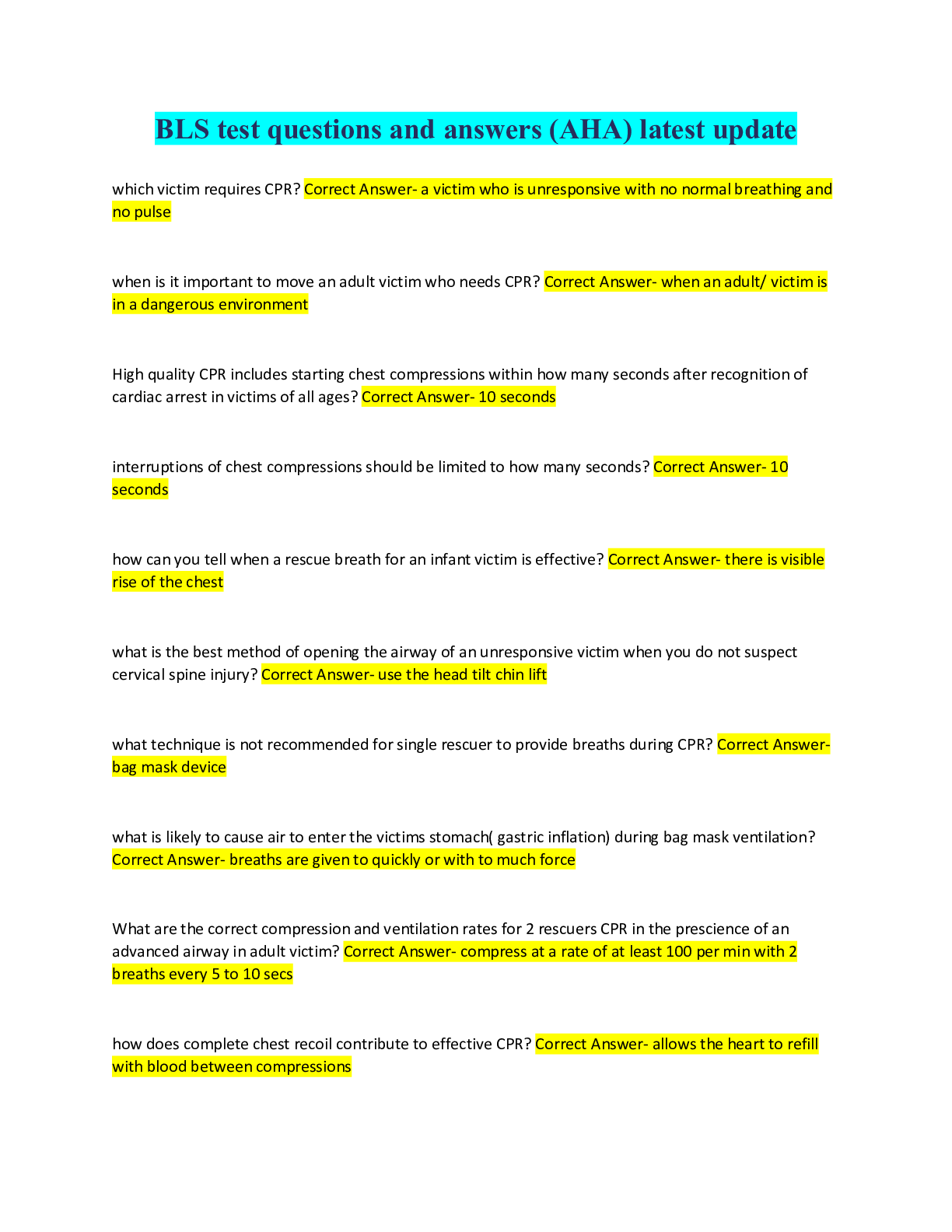 Preview image for BLS test questions and answers (AHA) latest update